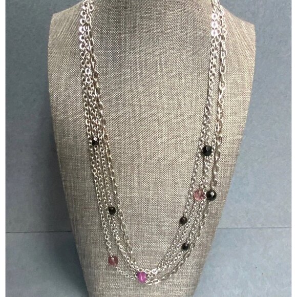 Rachel Multi-Strand Necklace 22 In  Silver Chain Purple Black Faceted Bead Glass - Picture 1 of 9